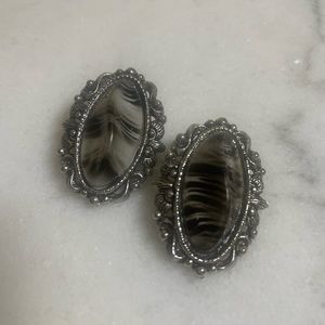 Vintage Gray Black and white stone silver clip ons EUC